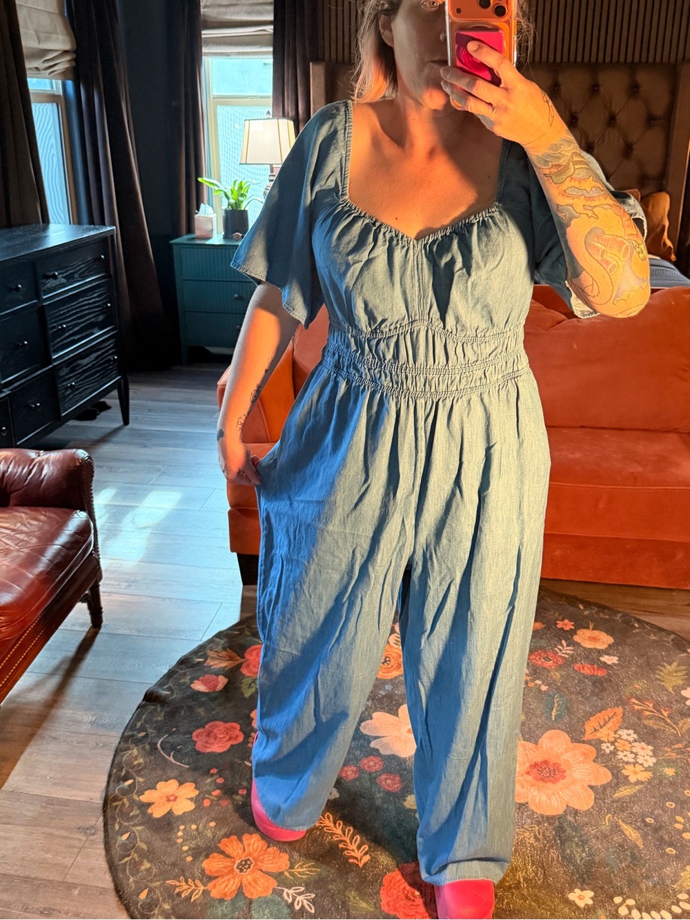 Old Navy Light Blue Chambray Wide-Leg Jumpsuit with Smocked Waist